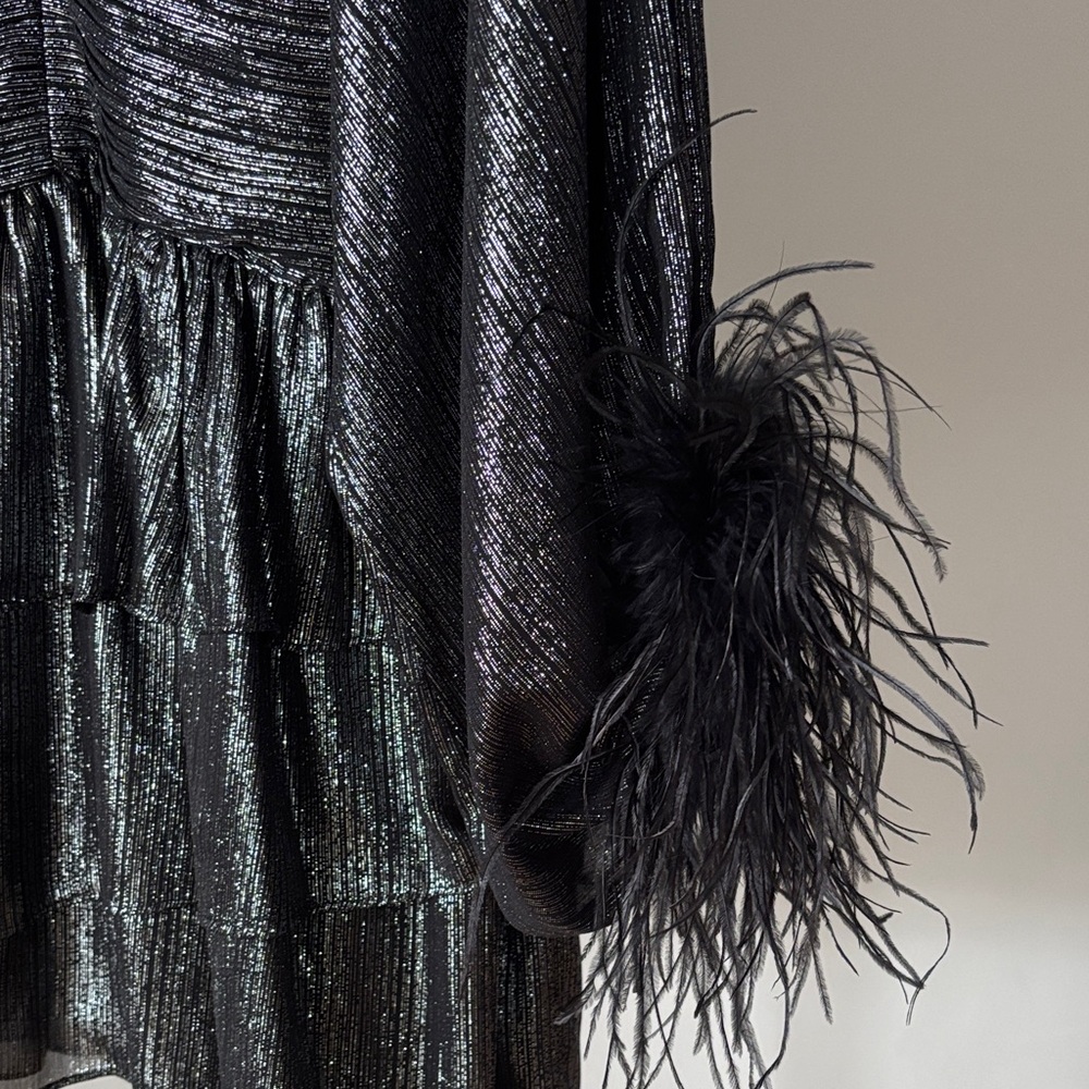 A Loves A Metallic Woven Chiffon Feather Trim Mini Dress. - Picture 4 of 4